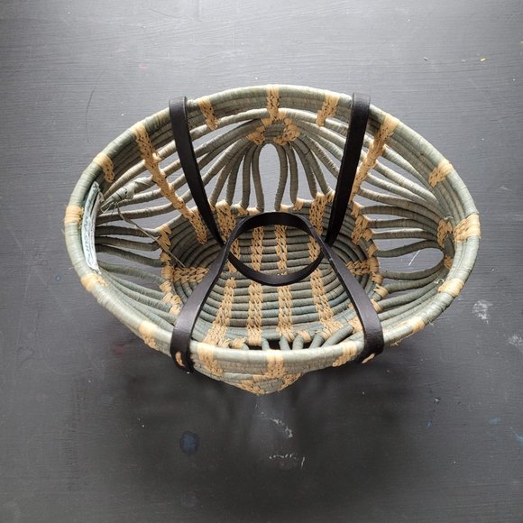 Sans-Arcidet Collection Designer Turquoise and Tan Raffia Woven Basket Bag - Picture 10 of 16